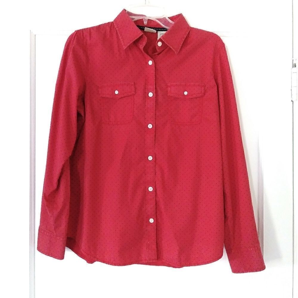 LL Bean Red & Black Polka Dot Button Up Shirt